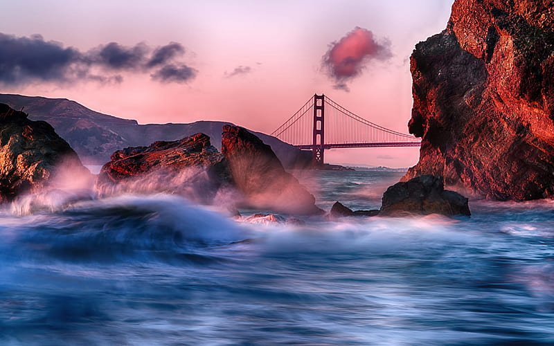 Golden Gate Bridge, San Francisco Bay, Golden Gate, Pacific Ocean, evening, sunset, San Francisco, USA, HD wallpaper