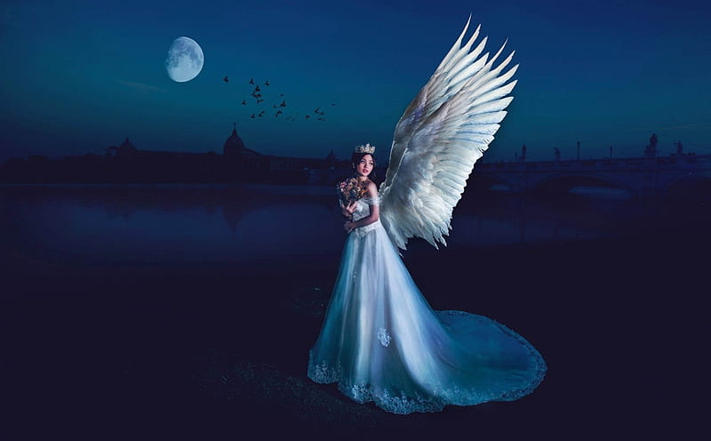 Moon Angel Pretty Art Female Wings Angel Bonito Woman Fantasy Girl Hd Wallpaper Peakpx