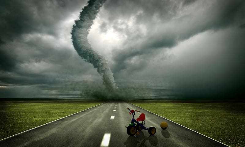 Road, Ball, Artistic, Cloud, Tornado, Tricycle, HD wallpaper
