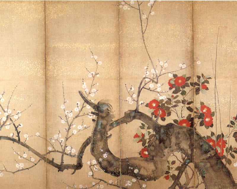Suzuki Kiitsu - Flowering Plum and Camillia, flowers, japan, screen, 19th century, HD wallpaper