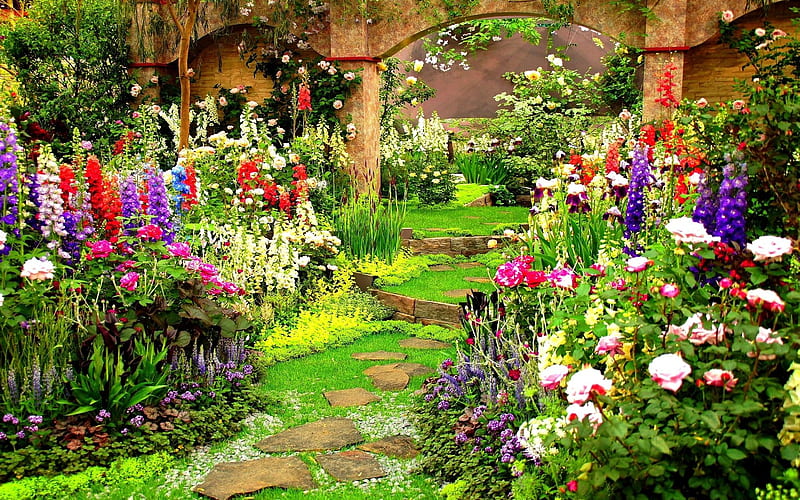 Flower Garden, blossoms, wall, roses, delphinium, colors, HD wallpaper