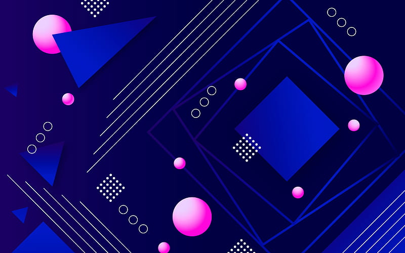 blue geometric shapes, pink circles, geometry, lines, creative, geometric shapes, material design, lollipop, triangles, abstract art, strips, blue backgrounds, HD wallpaper