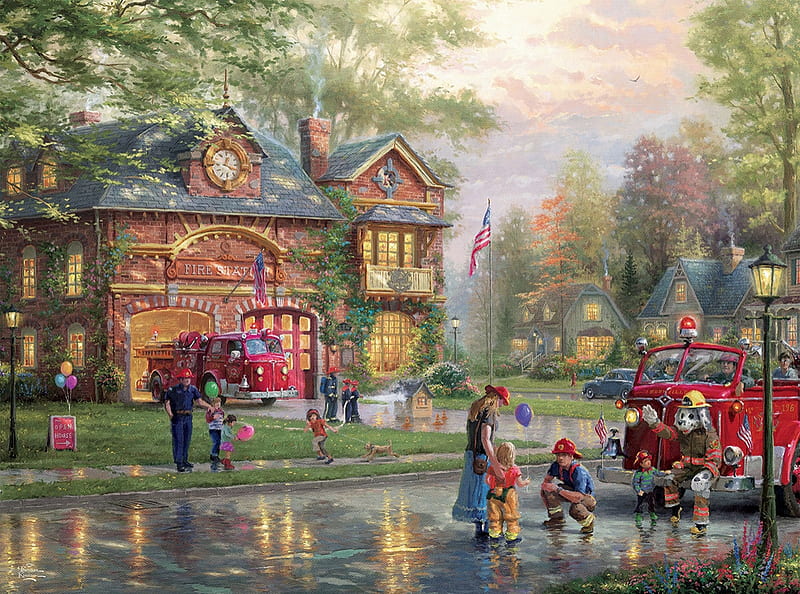 Hometown Firehouse, hometown, people, art, painting, firehouse, pictura, thomas kinkade, HD wallpaper