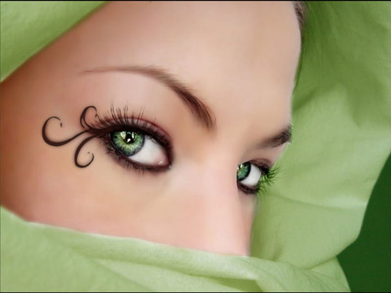 I See Green, female, veil, tattoo, eyes, lady, hooded, HD wallpaper