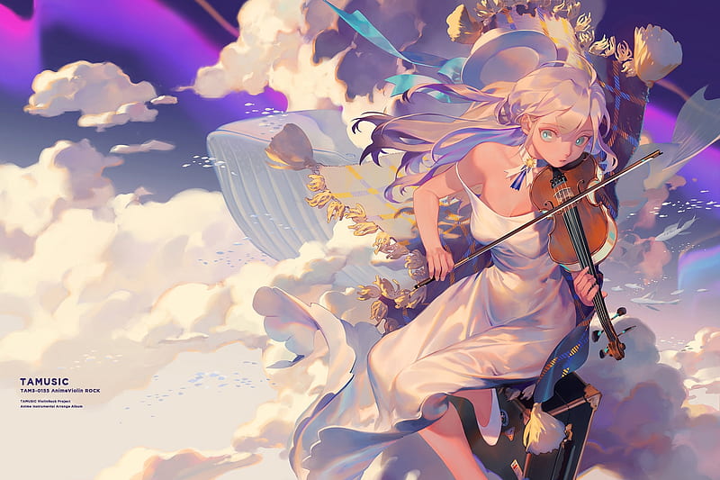 Violin song, violin, cloud, wind, manga, instrument, girl, anime, white, pink, HD wallpaper