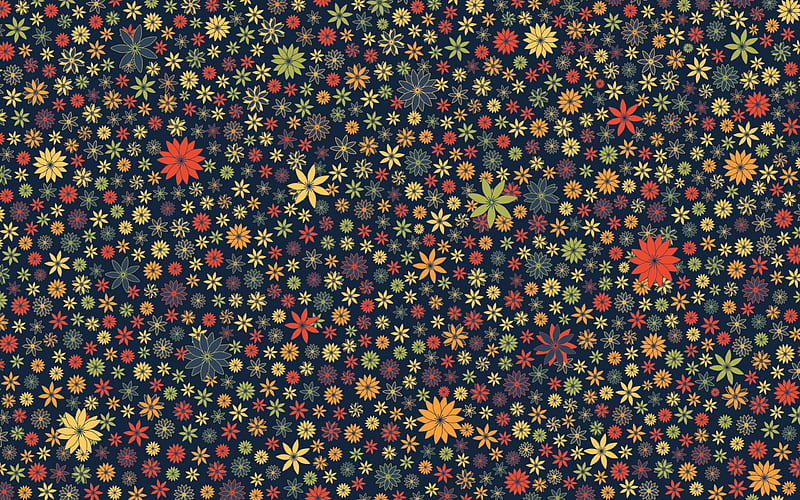 Colorful Flowers, fall, red, colorful, orange, yellow, green, bright, feminine, color, flowers, crisp, blue, pattern, clean, fun, daisies, cool, fabric, dark, vibrant, summer, garden, daisy, HD wallpaper