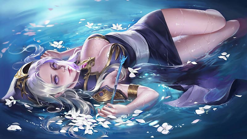 Ashe, water, blue, fantasy, league of legends, girl, lol, HD wallpaper
