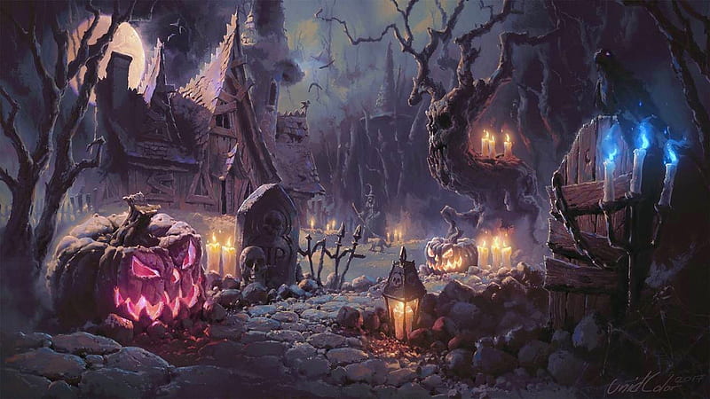 Eerie Halloween Scene, house, dark, haunted, scary, Spooky, Halloween, eerie, pumpkins, HD wallpaper