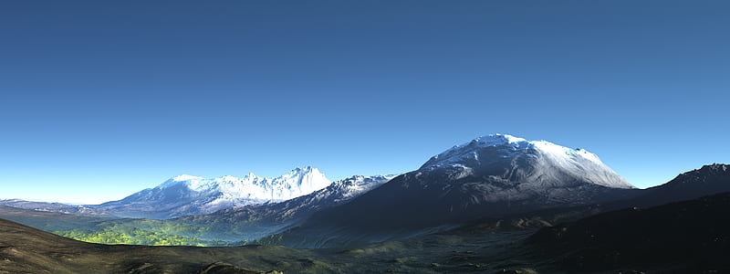 Mountains, snow, dual screen, elevation, sky, HD wallpaper