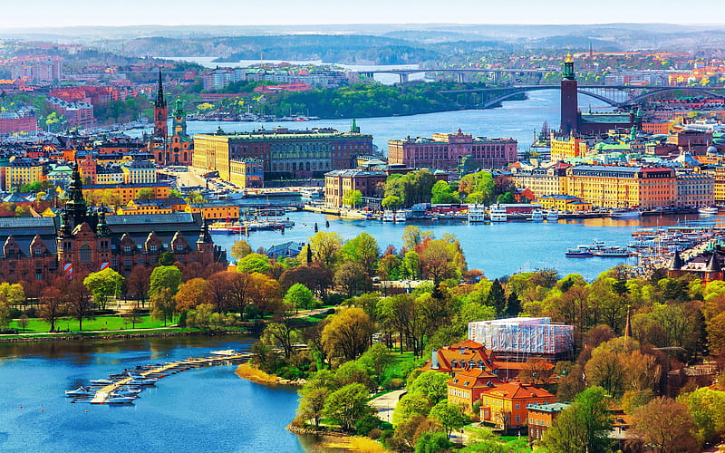 Stockholm spring, panorama, swedish capital, cityscapes, Sweden, Europe, HD wallpaper