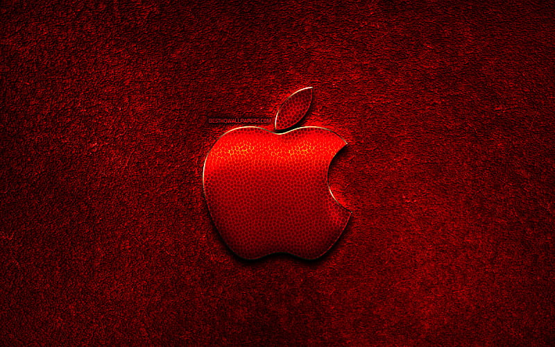 Apple logo, red stone background, creative, Apple, brands, Apple 3D logo, artwork, Apple red metal logo, HD wallpaper