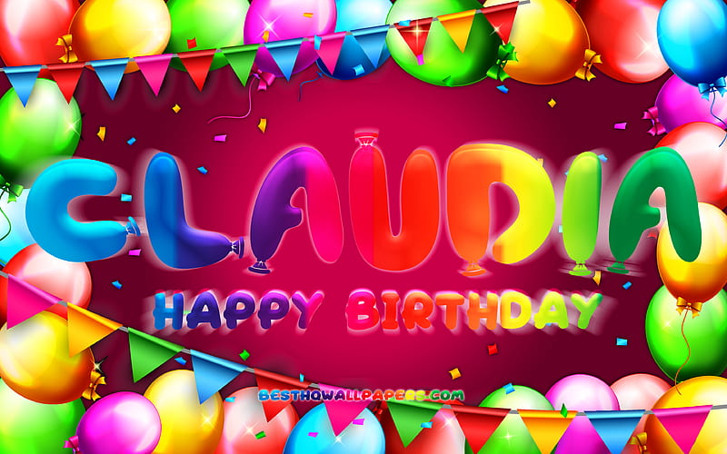 Happy Birtay Claudia colorful balloon frame, Claudia name, purple background, Claudia Happy Birtay, Claudia Birtay, popular spanish female names, Birtay concept, Claudia, HD wallpaper