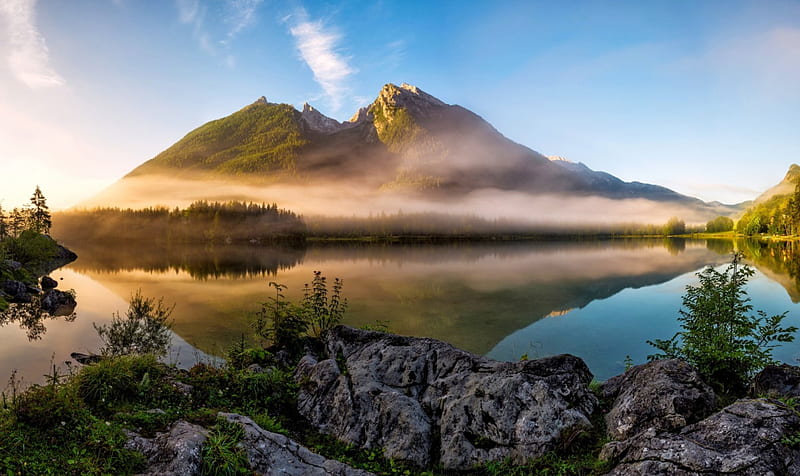 Alpine Lake Sunrise, forest, grass, bonito, lake, water, mountains, sunrise, reflection, morning fog, HD wallpaper