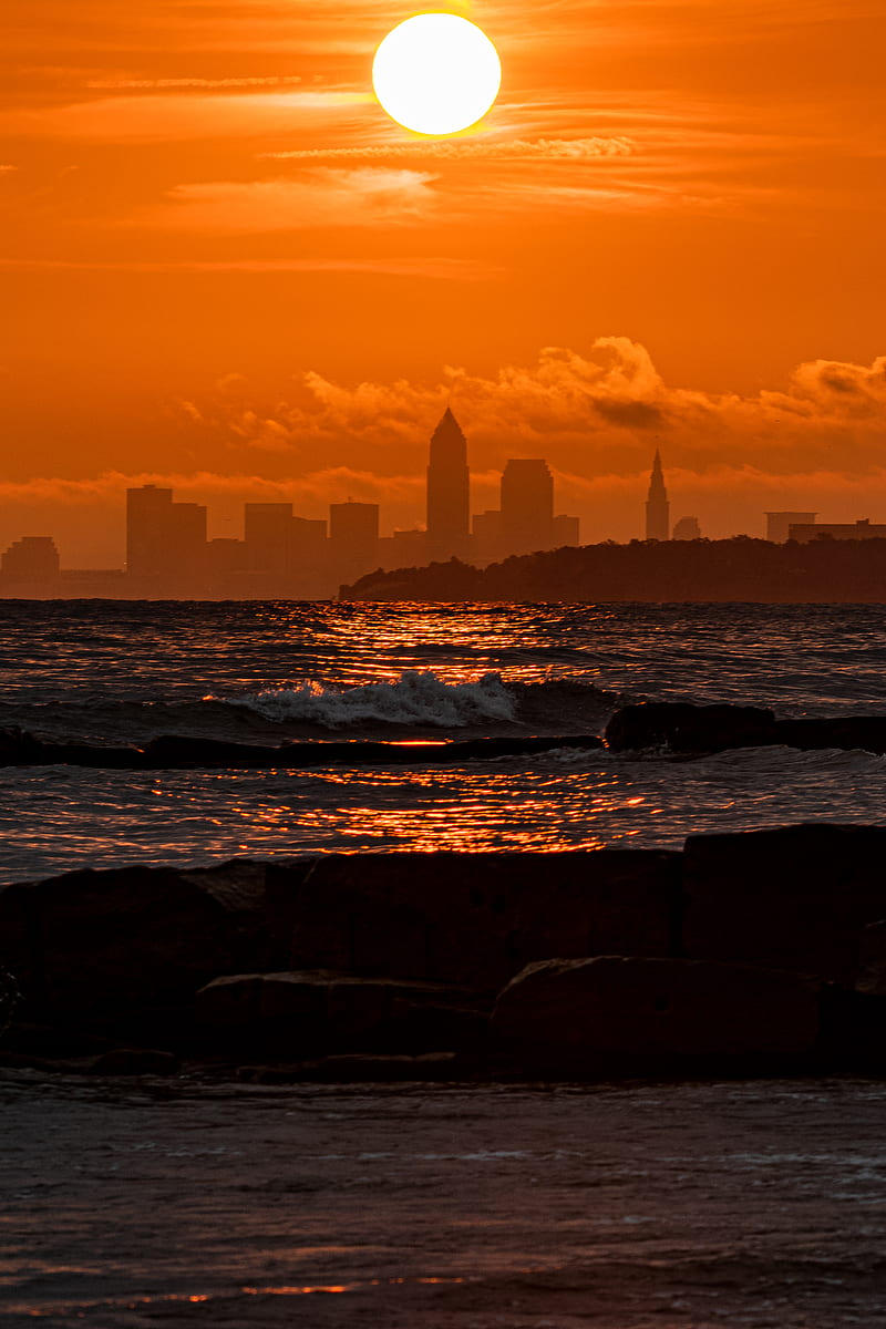 sunset, sea, city, dark, waves, horizon, HD phone wallpaper