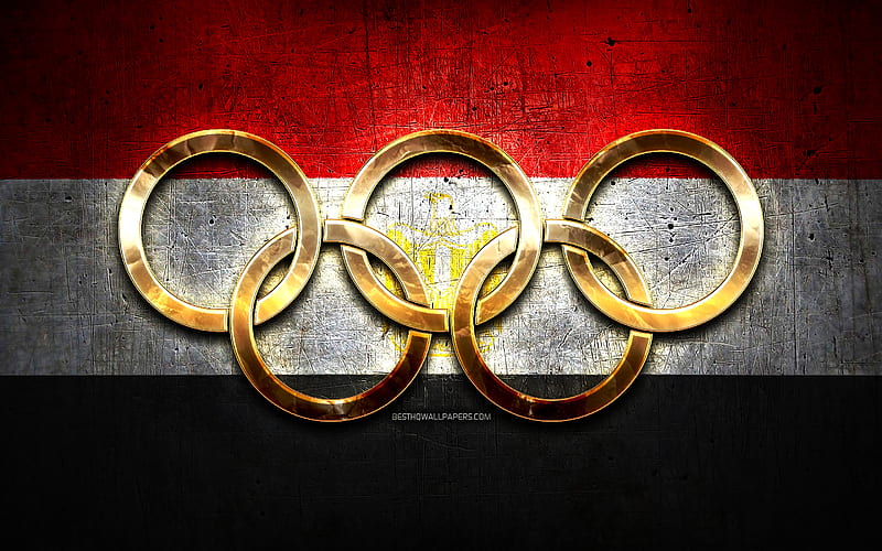 Egyptian olympic team, golden olympic rings, Egypt at the Olympics, creative, Egyptian flag, metal background, Egypt Olympic Team, flag of Egypt, HD wallpaper
