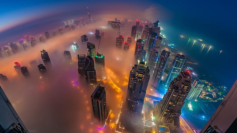 Looking Out the Window, city, big city, lights, uptown, fog, Firefox Persona theme, skyscrapers, HD wallpaper