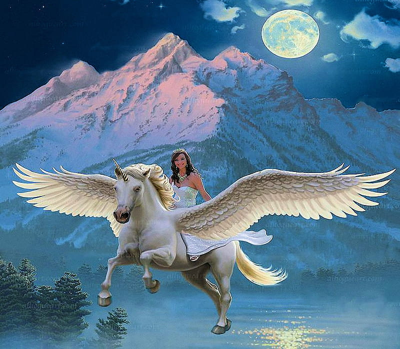 Unicorn Rides, girl, horse, pegasus, wings, moon, mountains, HD wallpaper