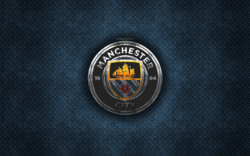 Manchester City FC, English football club, blue metal texture, metal logo, emblem, Manchester, England, Premier League, creative art, football, HD wallpaper