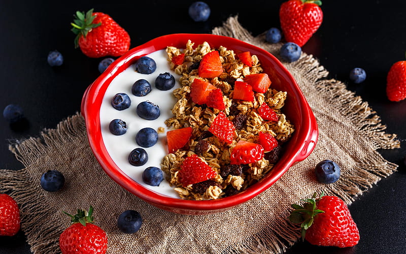 Food, Breakfast, Berry, Blueberry, Muesli, Strawberry, Yogurt, HD wallpaper