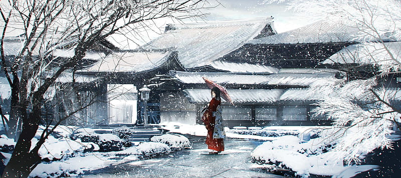 snow, anime girl, kimono, winter, traditional house, umbrella, Anime, HD wallpaper