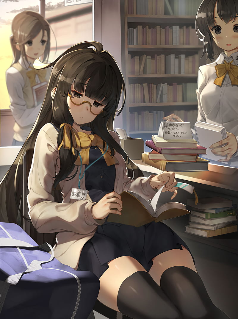 girl, glasses, book, library, reading, anime, HD phone wallpaper