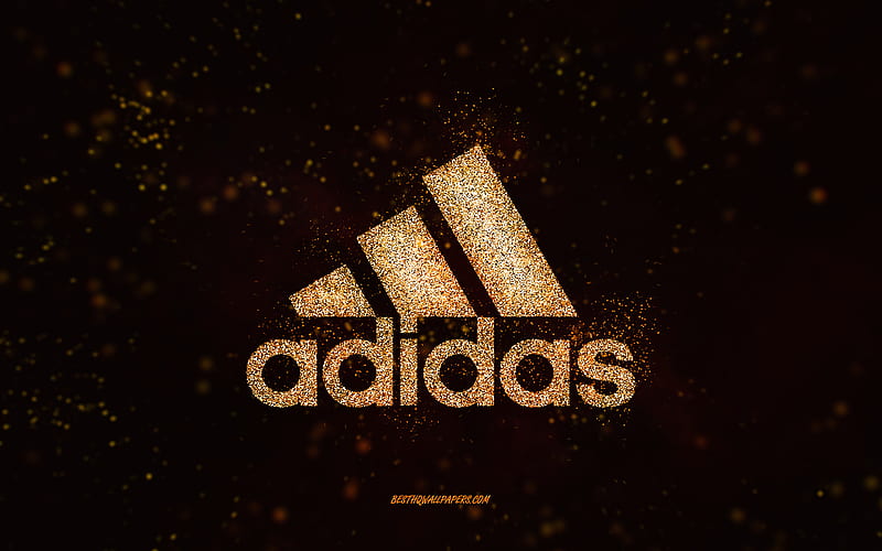 Adidas glitter logo, black background, Adidas logo, yellow glitter art, Adidas, creative art, Adidas yellow glitter logo, HD wallpaper