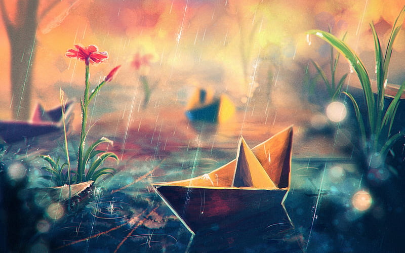 My Boat, Boat, rain, Still Life, Water, Paper Boat, Creative, Digital Art, Close Up, Flower, HD wallpaper