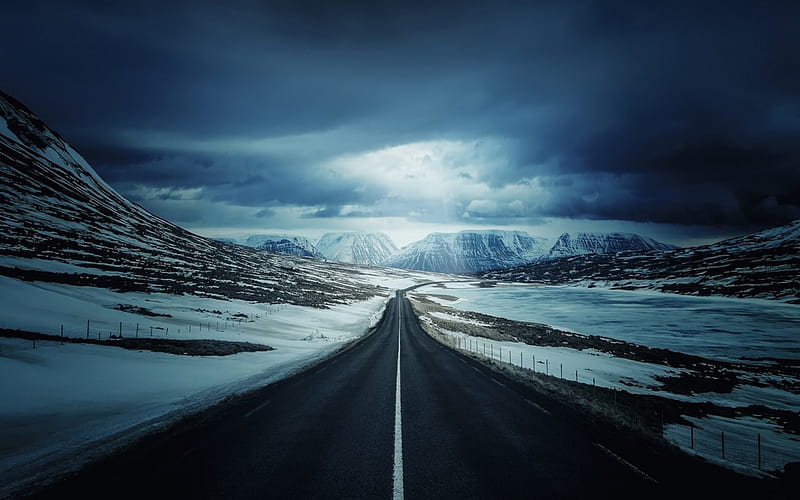 blacktop highway in iceland, highway, blacktop, mountains, sunset, winter, HD wallpaper