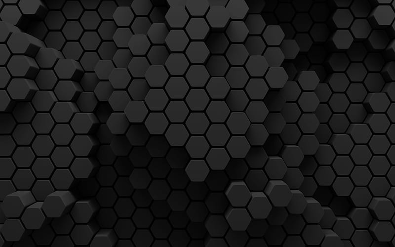 black hexagons 3D art, creative, honeycomb, hexagons patterns, black hexagons background, hexagons textures, black backgrounds, hexagons texture, HD wallpaper
