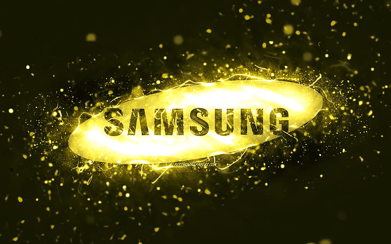 Samsung yellow logo yellow neon lights, creative, yellow abstract background, Samsung logo, brands, Samsung, HD wallpaper