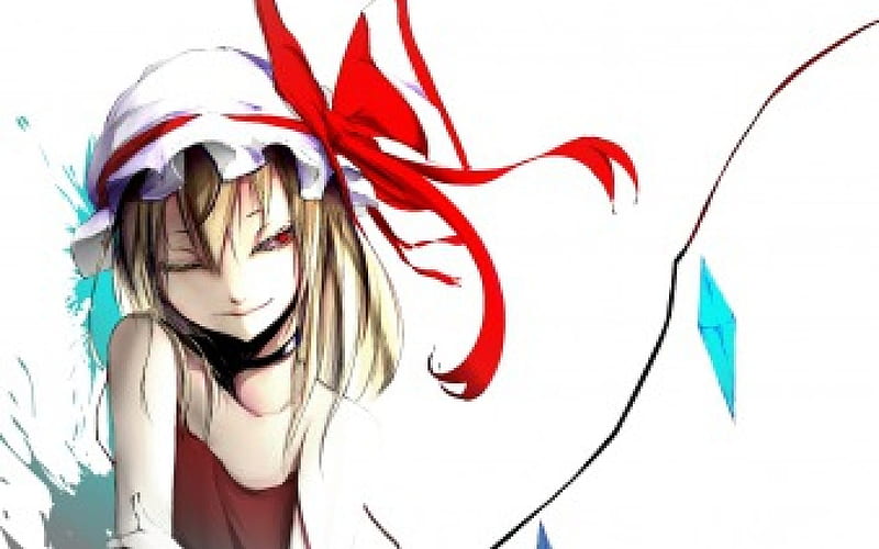 Touhou, Angry, bonito, Crazy, Mad, Awesome, Mean, Wings, Amazing, Magic, Short Hair, Magical, Flandre, Pretty, Blonde Hair, Anime, Red Eyes, Manga, dark, Gorgeous, Blond Hair, Bow, Ribbon, Hat, Sinister, Emotional, Lovely, Wink, Serious, Creepy, Medium Hair, Scary, Anime Girl, Scarlet, HD wallpaper