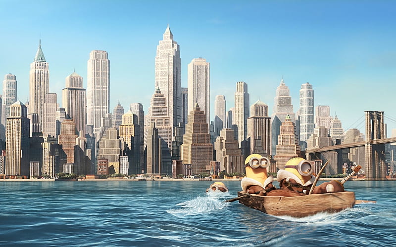 Minions (2015), building, new york, fantasy, minions, water, boat, movie, ny, HD wallpaper