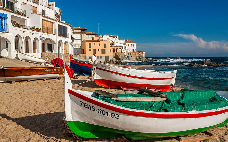 Costa Brava, wooden boats, beach, coast, summer, Calella de Palafrugell, Mediterranean Sea, Catalonia, Spain, HD wallpaper