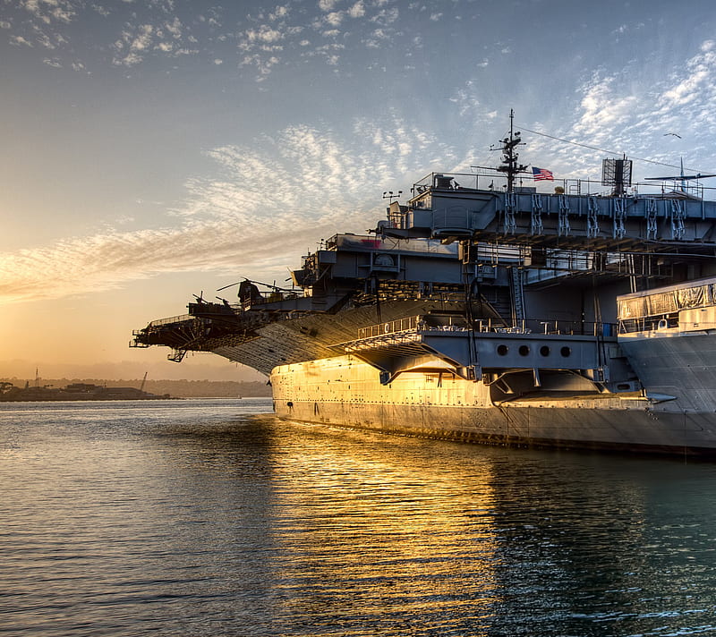 Aircraft Carrier , america, midway, ship, sunset, usa, uss, water, HD wallpaper