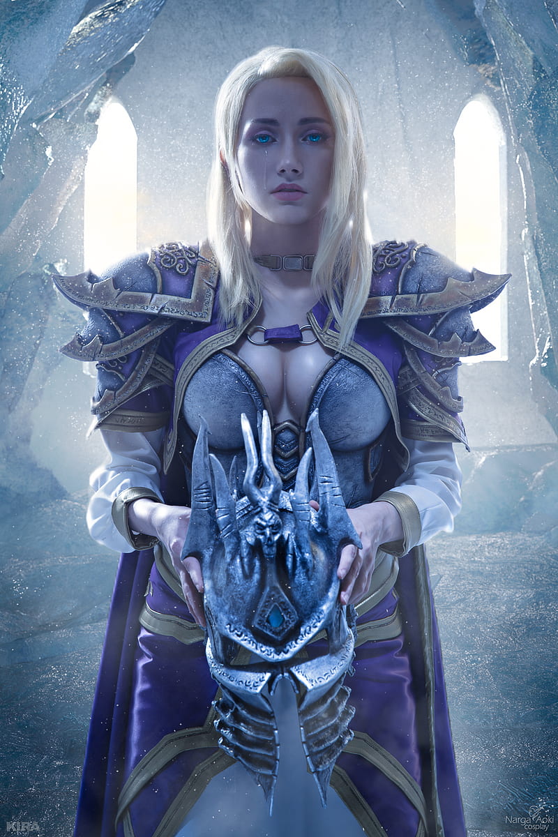 Narga-Lifestream, women, cosplay, Warcraft, Jaina Proudmoore, magician, blonde, long hair, straight hair, blue eyes, looking at viewer, crying, helmet, ice, cold, Helm of Damnation, HD phone wallpaper