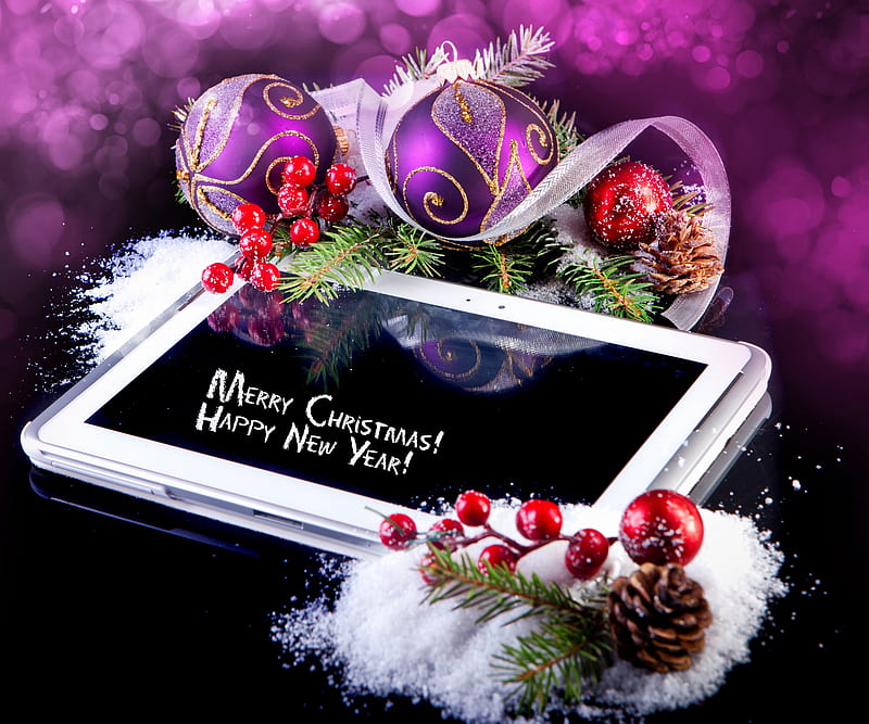Merry Christmas To You Dear Purple-Haze , new year, purple balls, tablet, special day, joy, holy, merry christmas, decorations, happyness, HD wallpaper