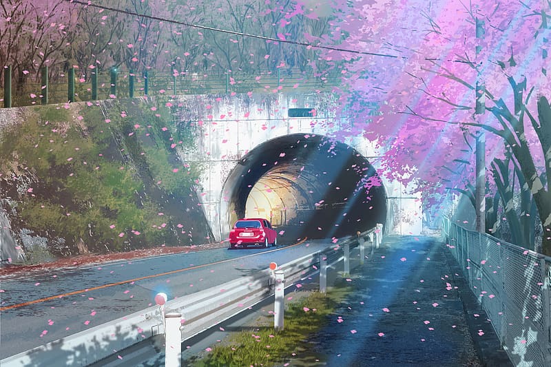 Anime, Sakura, Flower, Road, Car, Street, Tunnel, HD wallpaper