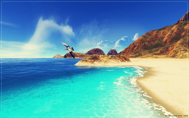 Blue Water Beach, brown, ocean, sky, clouds, tan, beach, mountain, daylight, sand, water, day, nature, blue, HD wallpaper