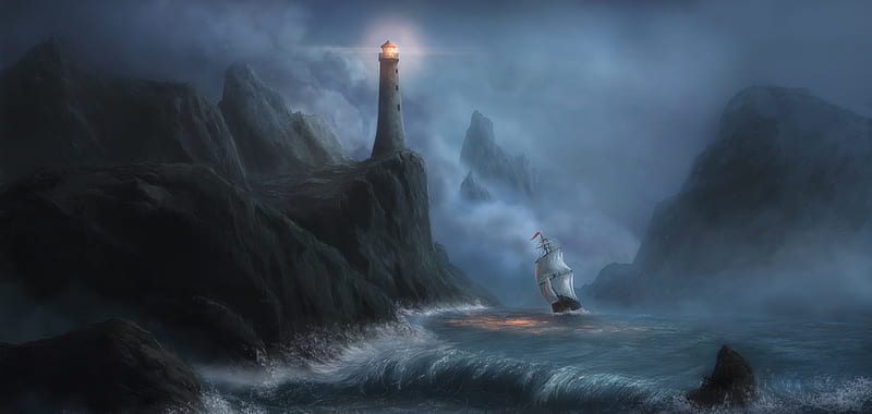 The lighthouse, art, luminos, storm, lighthouse, sea, wave, fantasy, ship, dark, reinmar84, light, HD wallpaper