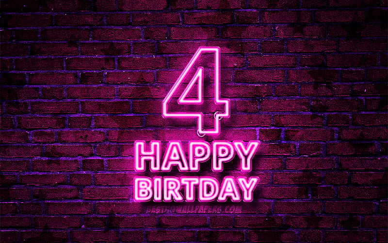 Happy 4 Years Birtay purple neon text, 4th Birtay Party, purple brickwall, Happy 4th birtay, Birtay concept, Birtay Party, 4th Birtay, HD wallpaper