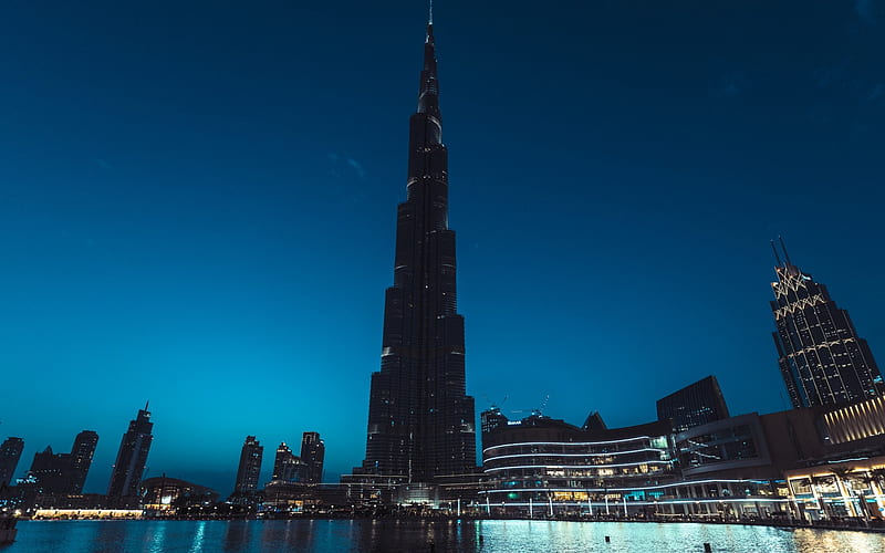 Burj Khalifa, Dubai, UAE, evening, the highest skyscraper, modern buildings, fountains, city lights, United Arab Emirates, HD wallpaper