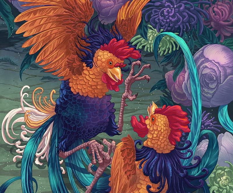 Chinese Zodiac ~ Year of the Rooster, cocoos, blue, rooster, art, red, orange, chinese zodiac, luminos, year of the rooster, fantasy, bird, pasari, HD wallpaper
