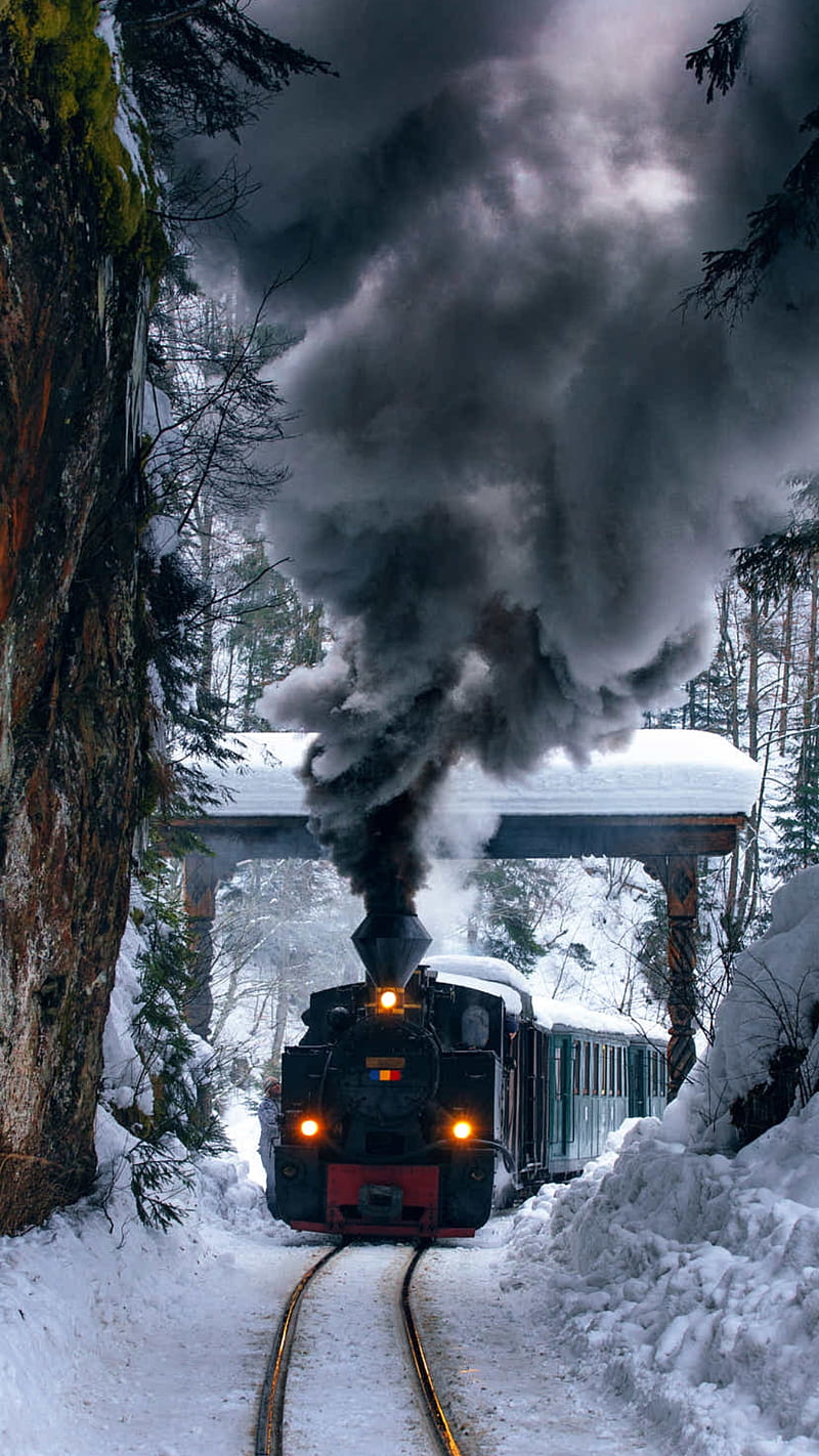 Steam train, locomotive, nature, railway, smoke, snowy, winter, HD phone wallpaper