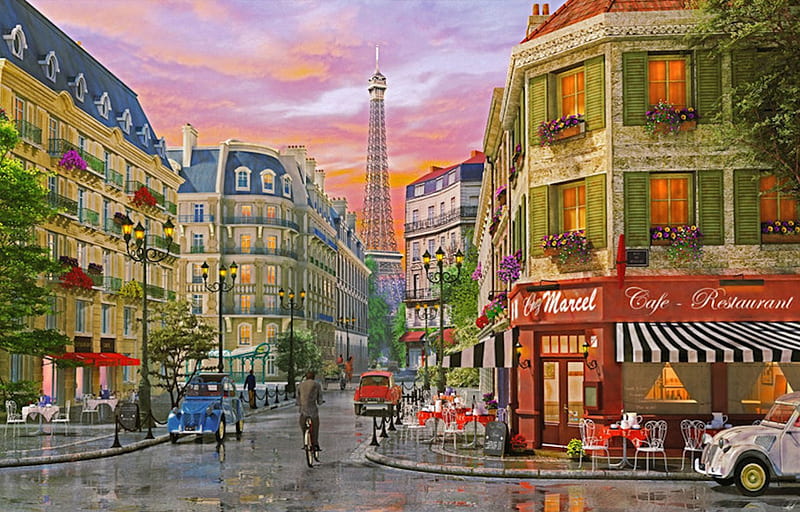 Marcel's Cafe, cafe, paris, streetlights, carros, cyclist, restaurant, france, flowers, sidestreet, HD wallpaper
