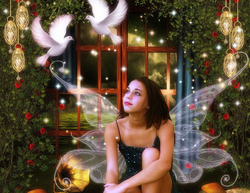 ✫My Guardian Fairy✫, pretty, butterfly girl, grass, women, sparkle, fantasy, doves, bright, flowers, fairy, wings, lovely, models, birds, creative pre-made, hanging, trees, grama-phone, cute, cool, dress, charm, bonito, hair, creeping roses, people, fairies, girls, light, Traditional art, animals, female, lamps, colors, roses, mixed media, plants, weird things people wear, HD wallpaper