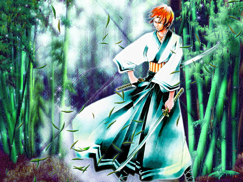 Minitokyo Samurai Deeper Kyo, swords, glow, greatest hits, closed eyes, dual swords, graphics, bamboo, green, samurai, anime, HD wallpaper