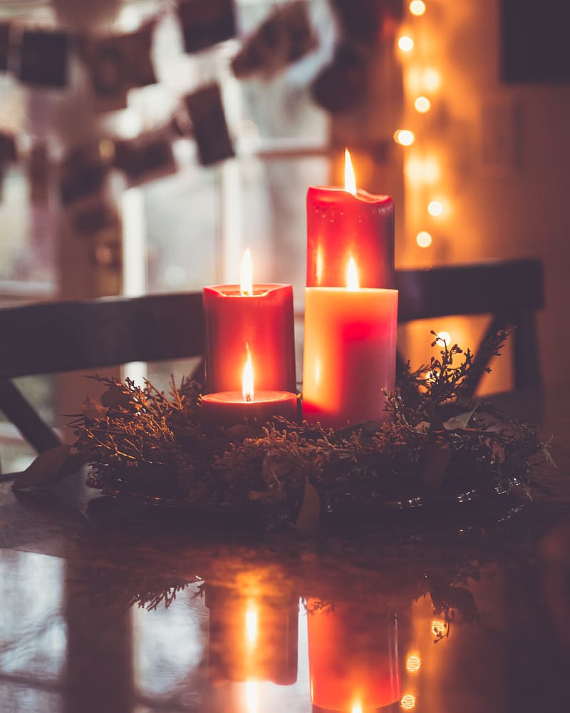 candles, wreath, pine needles, new year, christmas, HD phone wallpaper