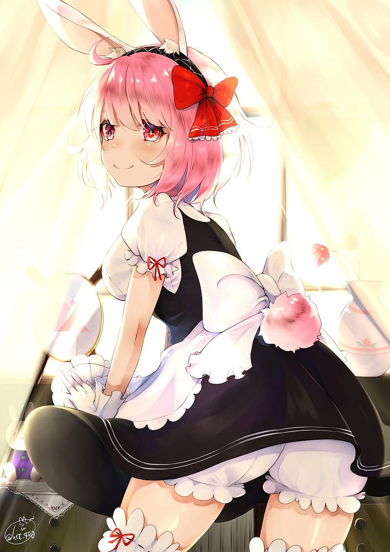pink hair, short hair, maid outfit, animal ears, bloomers, bunny ears, thigh-highs, HD phone wallpaper