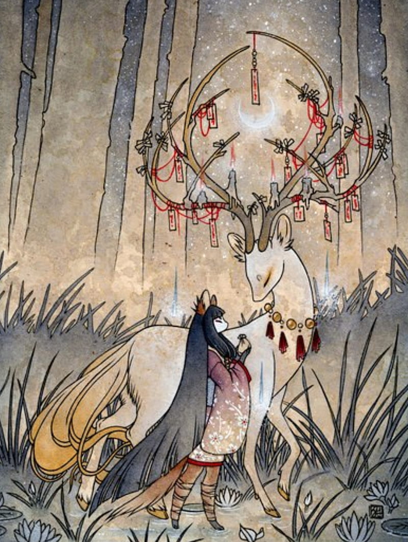 Kitsune and Stag, catcher, dream, fox, moon, teafox, white stag, wishes, HD phone wallpaper