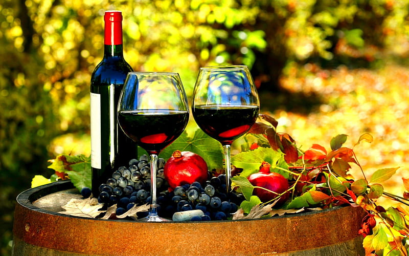 CHEERS!, pomegranates, grapes, autumn, leaves, wine, red wine glasses, bottles, barrels, HD wallpaper